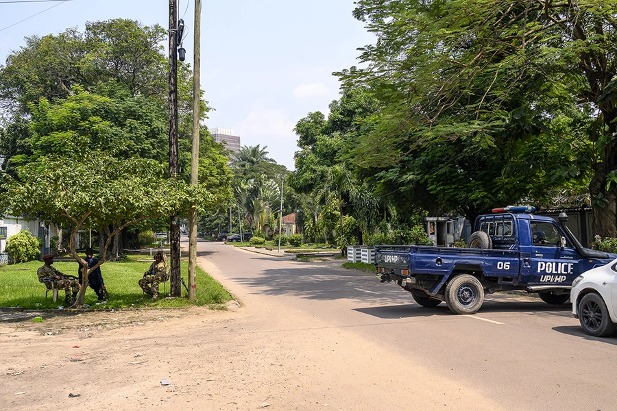 The Congolese Republican Guard and police block a road around the scene of an attempted coup d'etat in Kinshasa, Democratic Republic of Congo on May 19, 2024.